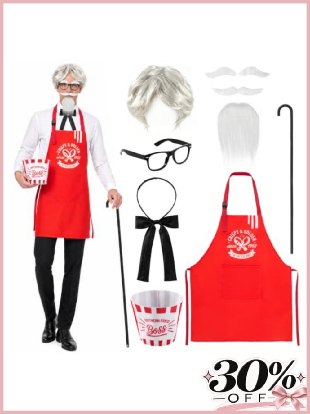 9 Pc Adult Chef Costume Set Fast Food Fried Chicken Cosplay Apron Wig